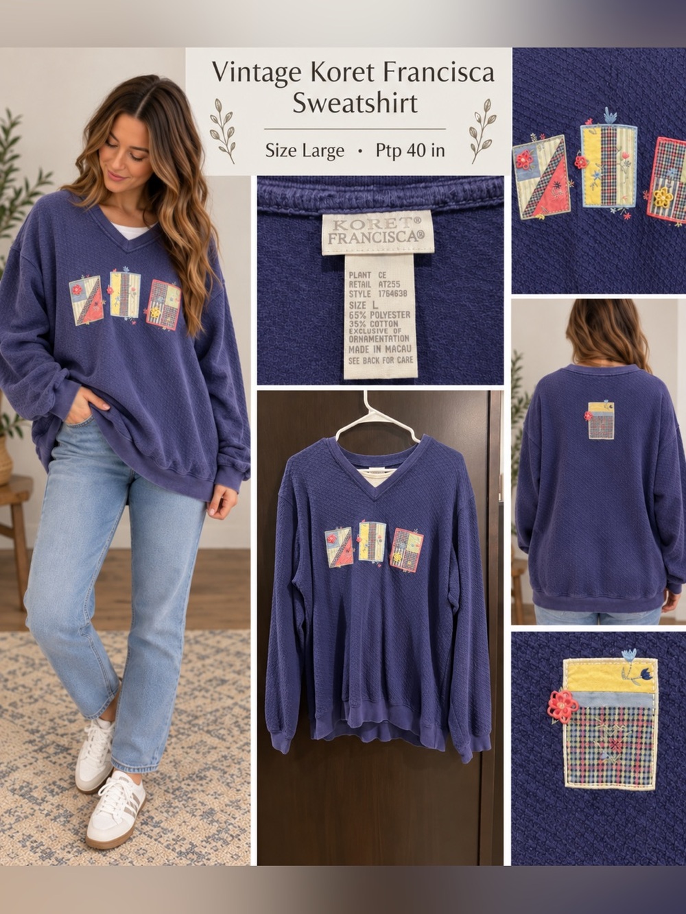 Vintage Koret Navy V-Neck Patchwork Sweatshirt